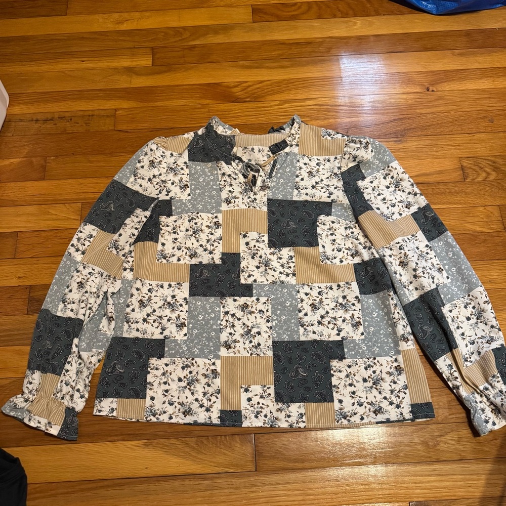 shein patchwork blue and tan blouse